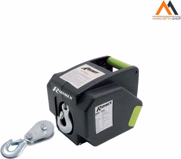 Verricello elettrico RIBIMEX nero con telecomando, capacità 900 kg, 300 W (12V - 25A) in acciaio inossidabile