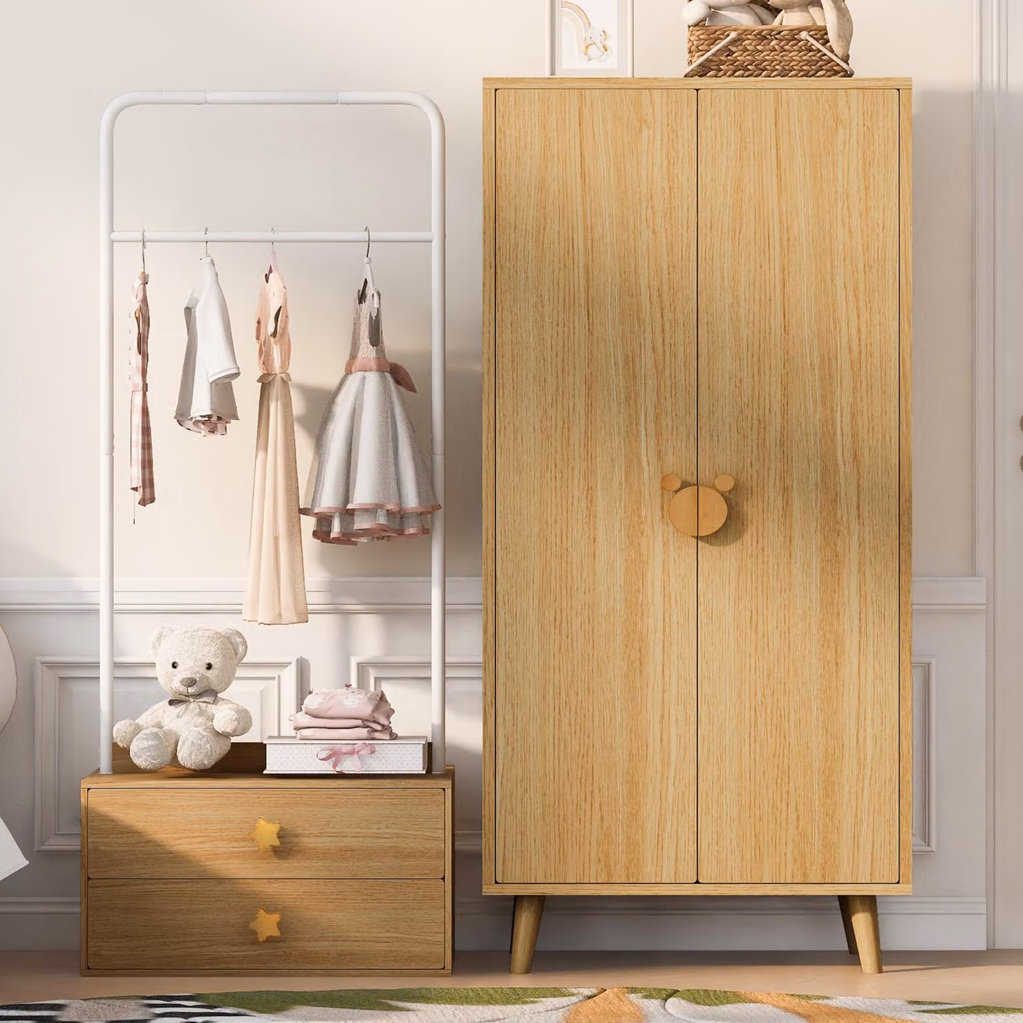 Set di mobili per l'ingresso "Flieks", composto da: armadio angolare con appendiabiti, armadio con barra appendiabiti e cassetti, appendiabiti con cassetti, finitura in legno