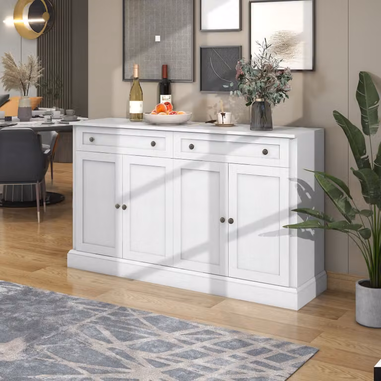 Credenza STILVORA con 4 ante e 2 cassetti, grande credenza per sala da pranzo e soggiorno, con corpo dell'armadio bianco chiaro e maniglie.