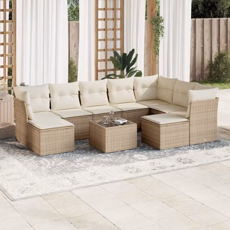 vidaXL Set Divano da Giardino 10 pz con Cuscini Beige e Tavolino in Polyrattan e Metallo