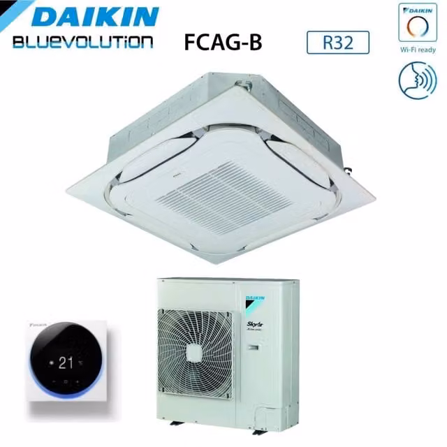 Condizionatore Daikin Bluevolution Round Flow 36000 BTU a Cassetta FCAG100B + AZAS100MV1 Bianco con Griglia Standard e Wi-Fi Opzionale