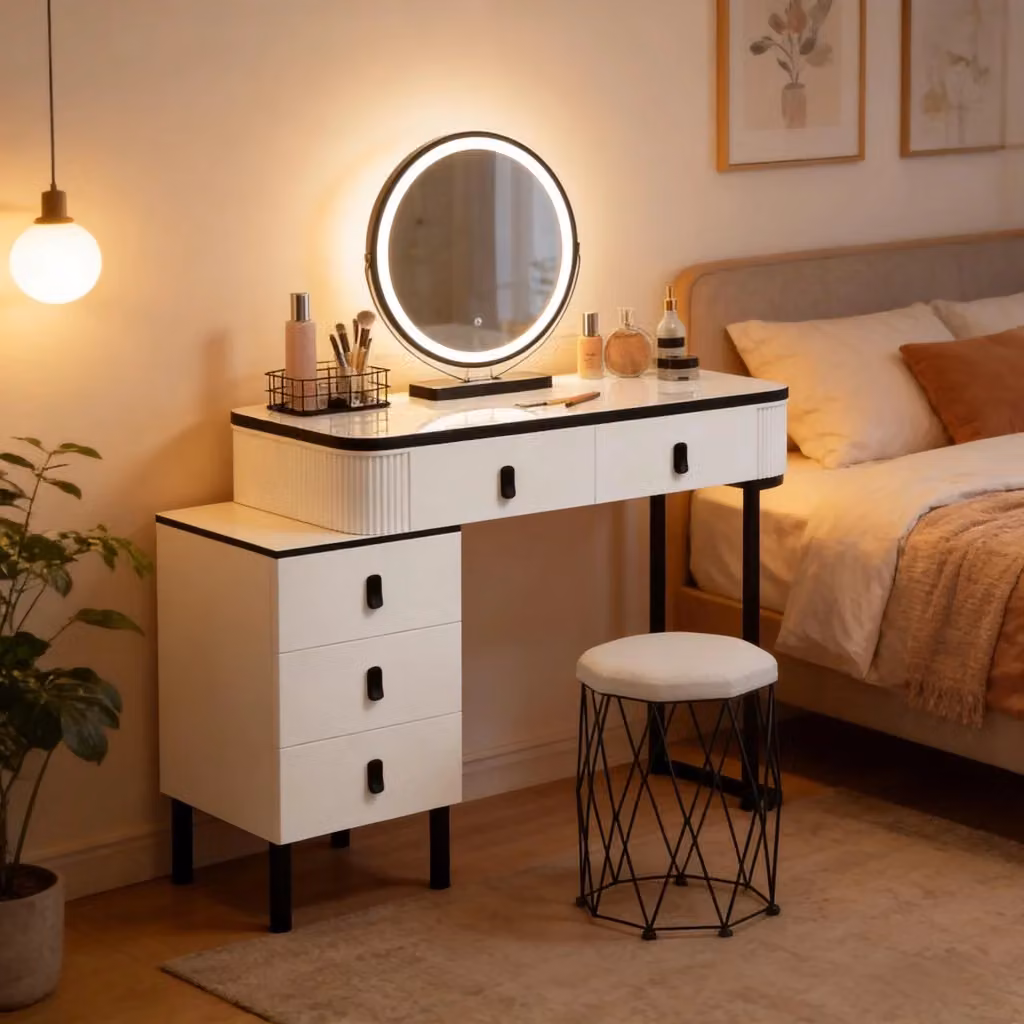 Toeletta Hollywood Mivray con specchio LED dimmerabile e sgabello, finitura laccata bianco e nero, L 125 x P 40 x H 100 cm – 2