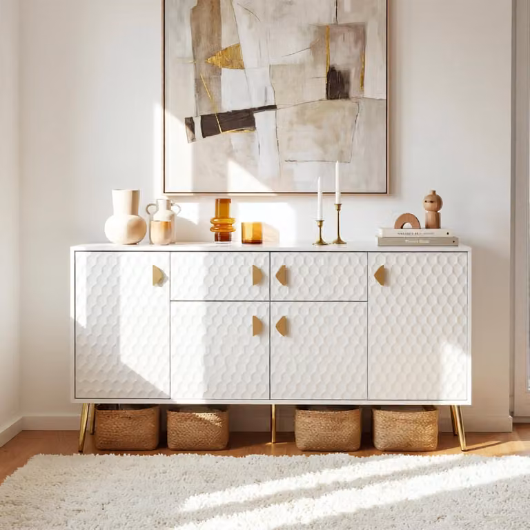 Mobile contenitore da 160 cm, ante frontali bianche in MDF laccato, 4 ante, 6 scomparti, dimensioni 160x40x80 cm
