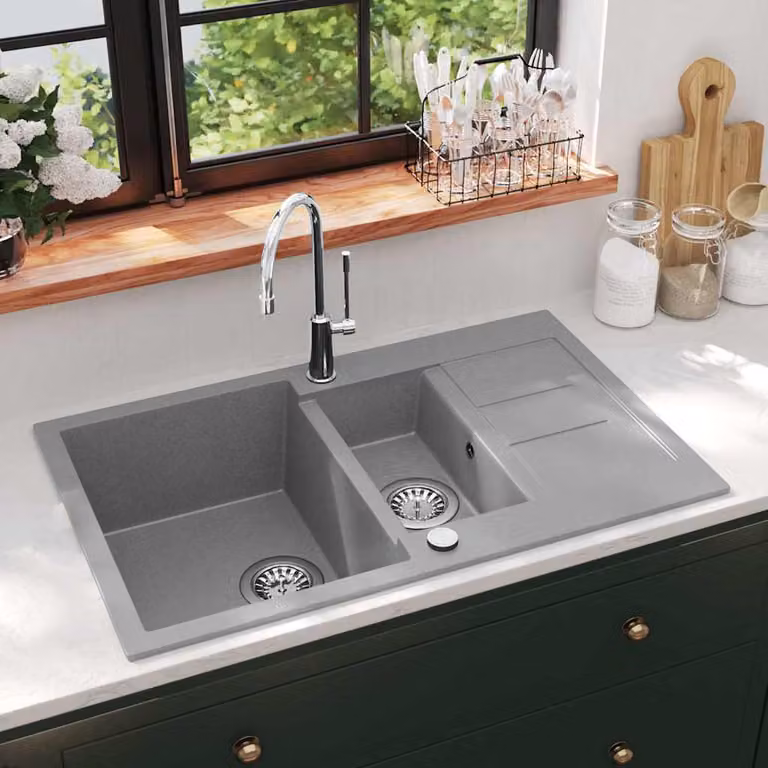 Lavello da Cucina in Granito con Vasca Doppia vidaXL Grigio L/P/H: 80,0 x 50,0 x 30,6 cm
