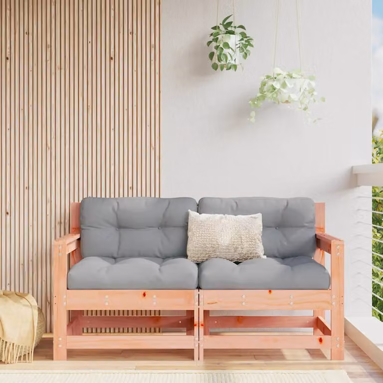 Set di 2 divani angolari da giardino vidaXL in legno massello di Douglas con cuscini in tessuto marrone e grigio
