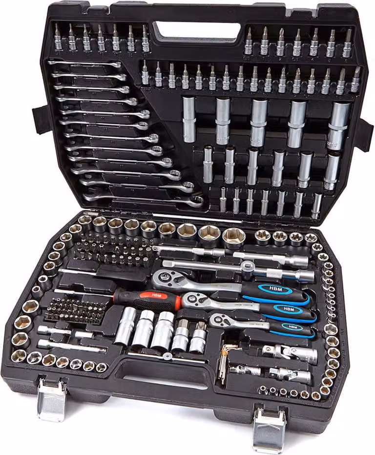 Valigetta utensili professionale 216 pezzi, serie di chiavi a bussola, torx,cricchetti, prolunghe, kit attrezzi per auto, officina fai-da-te, Hbm