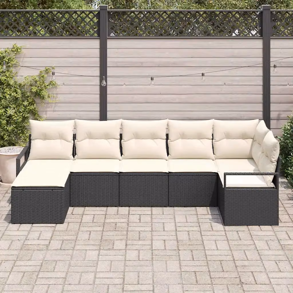 Set di divani da giardino vidaXL in polyrattan nero con cuscini beige, 7 pezzi – 1
