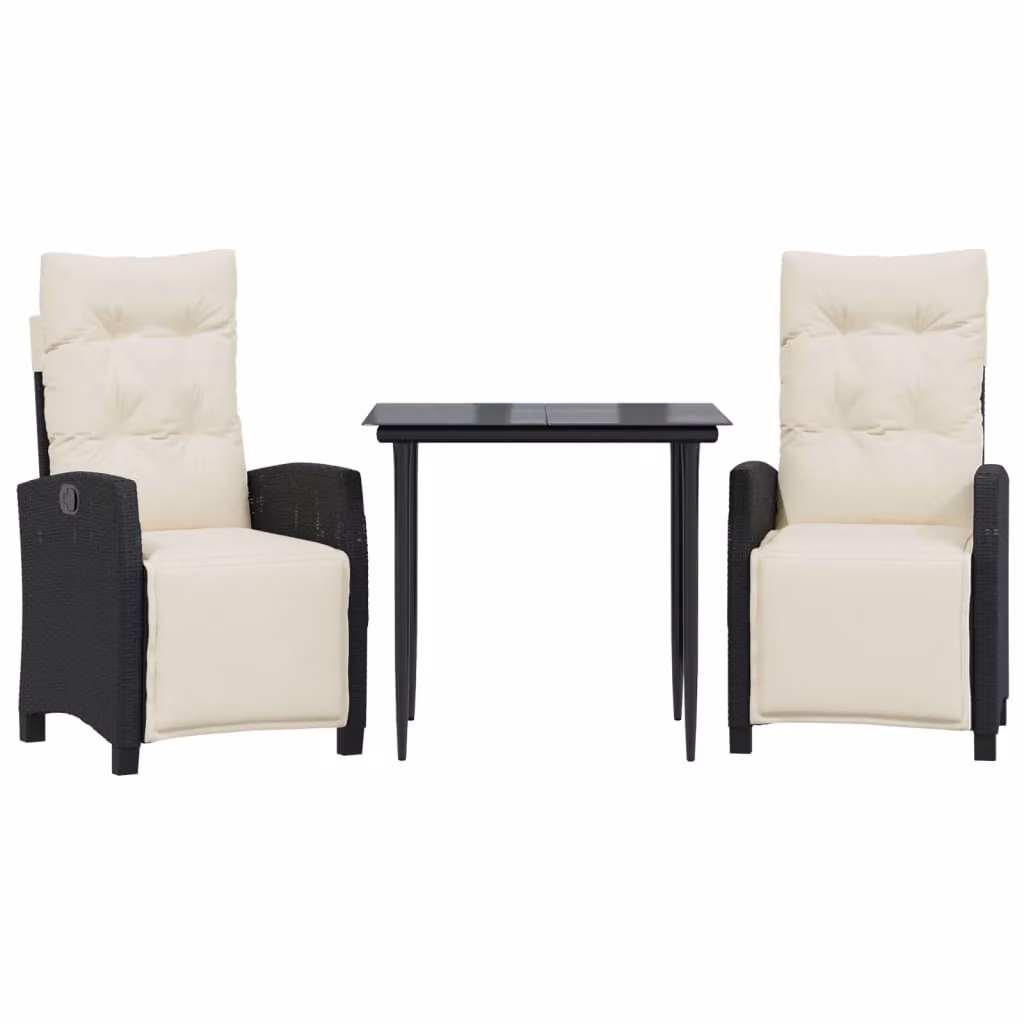 Set da Pranzo da Giardino 3 pz con Cuscini Nero in Polyrattan