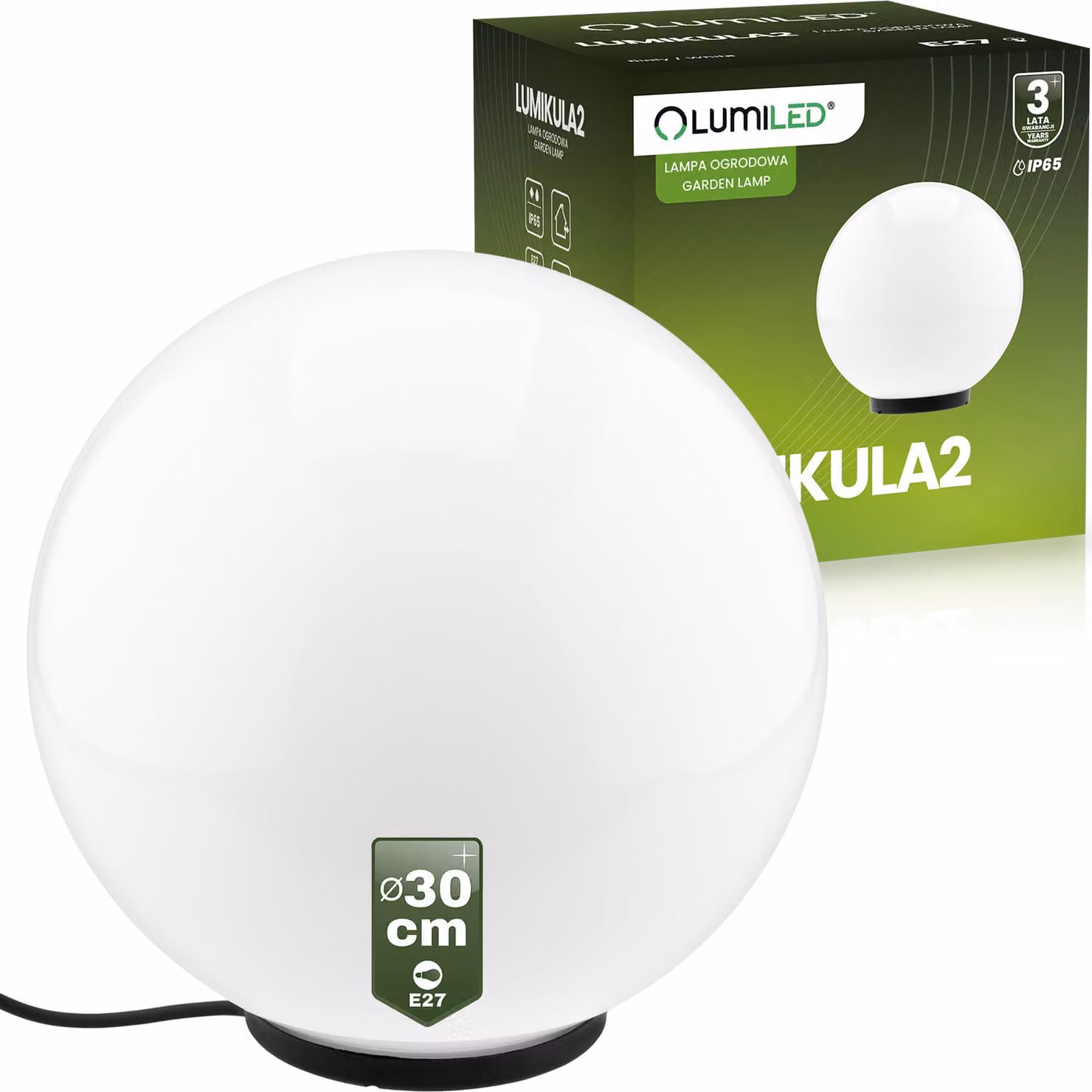 LUMILED Milky globe light 30cm outdoor globe light globe lamp white garden globe globe path light IP44 E27 socket connection cable 1.95 m
