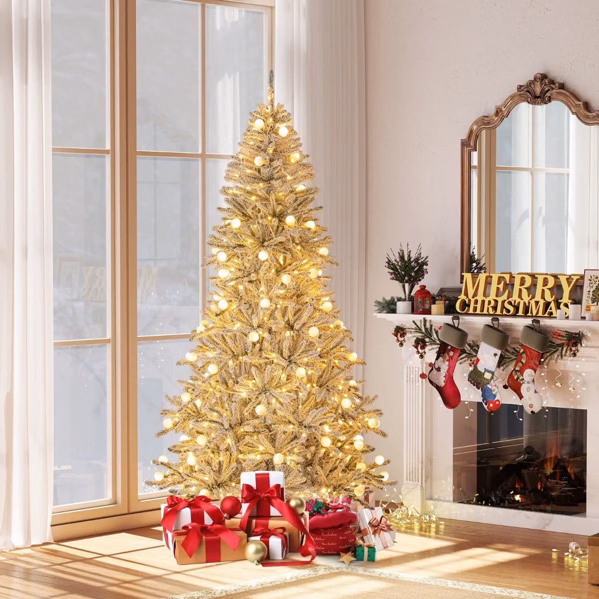 Albero di Natale artificiale innevato Costway Argento con 350 luci LED bianche calde e 65 sfere luminose, Altezza: 210 cm