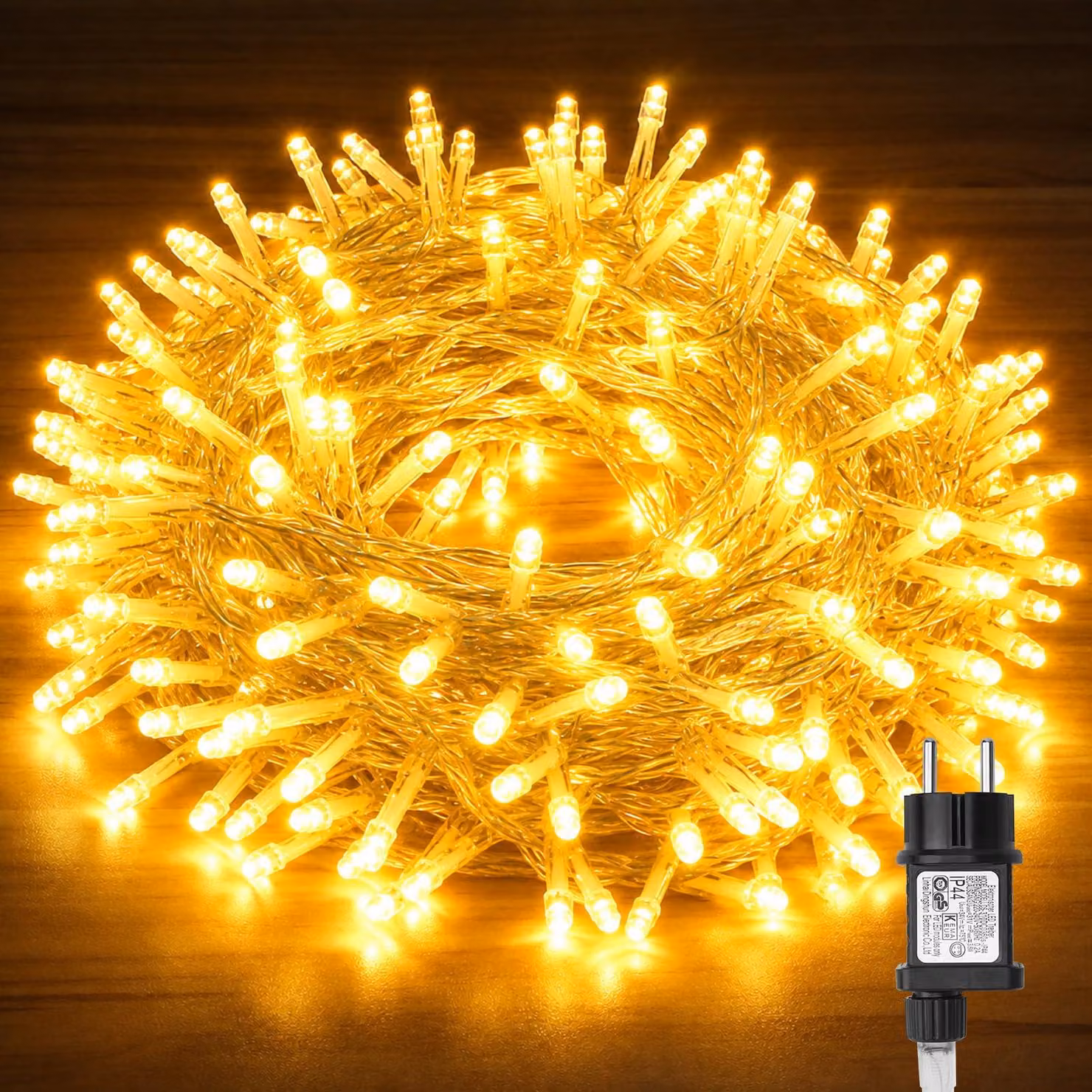 Catena luminosa a LED, lunghezza 33 metri, 300 LED, luce bianco caldo, grado di protezione IP54, impermeabile