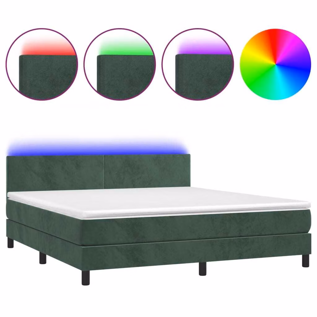 Letto a Molle con Materasso e LED Verde Scuro 180x200cm Velluto