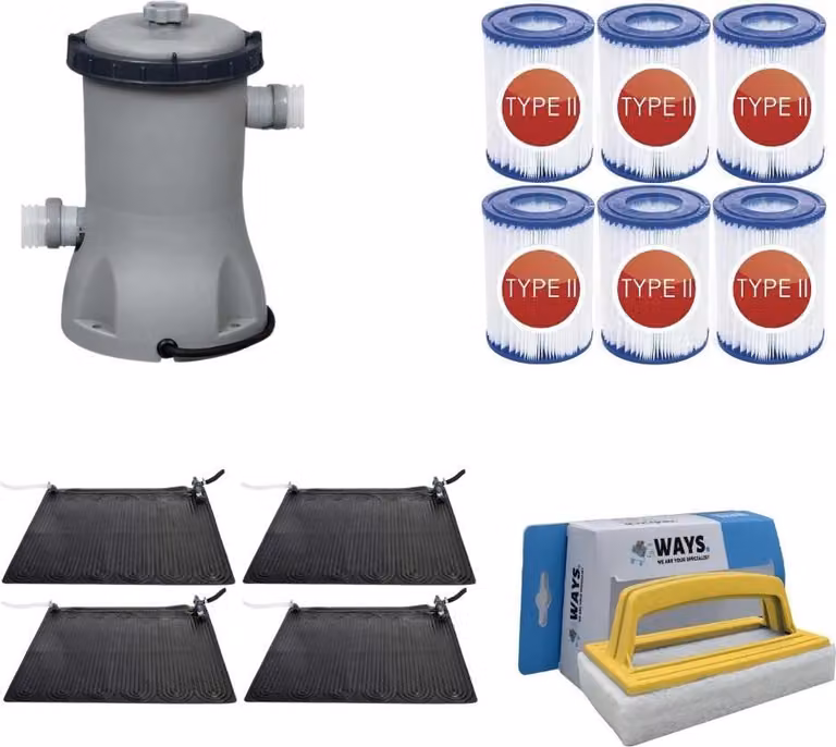 WAYS - Cura della piscina - 4x Solarmat & pompa filtro 2006 L/h & 6 filtri tipo II & spazzola WAYS