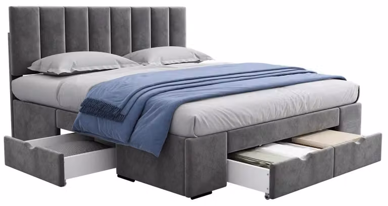 Letto imbottito grigio - Struttura del letto 160 x 200 cm - Rivestimento in velluto - Retino a listelli - Testiera - 4 cassettiere laterali - Struttura in legno