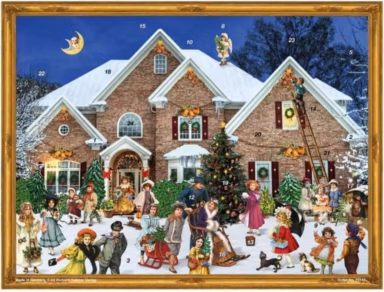 Calendario dell'Avvento "Casa vittoriana" con glitter argentati