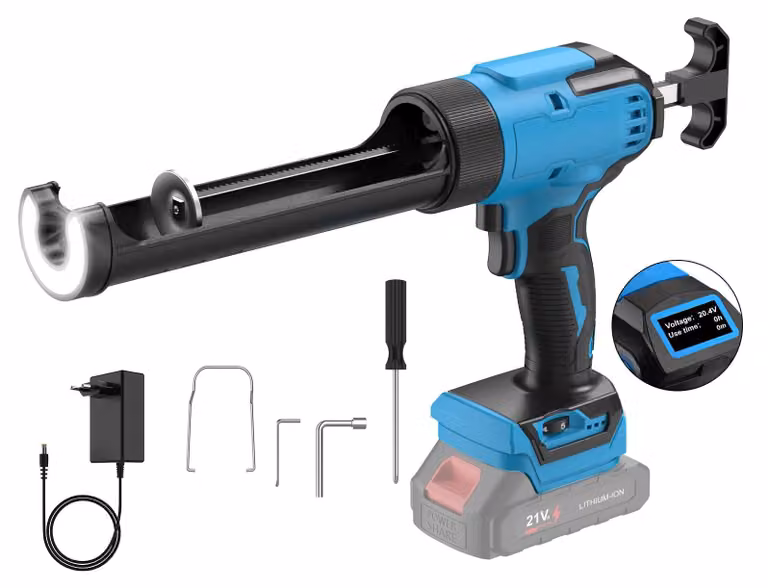 Pistola applica-adesivo elettrica, con controllo a 6 velocità, luce di lavoro a LED e batteria blu