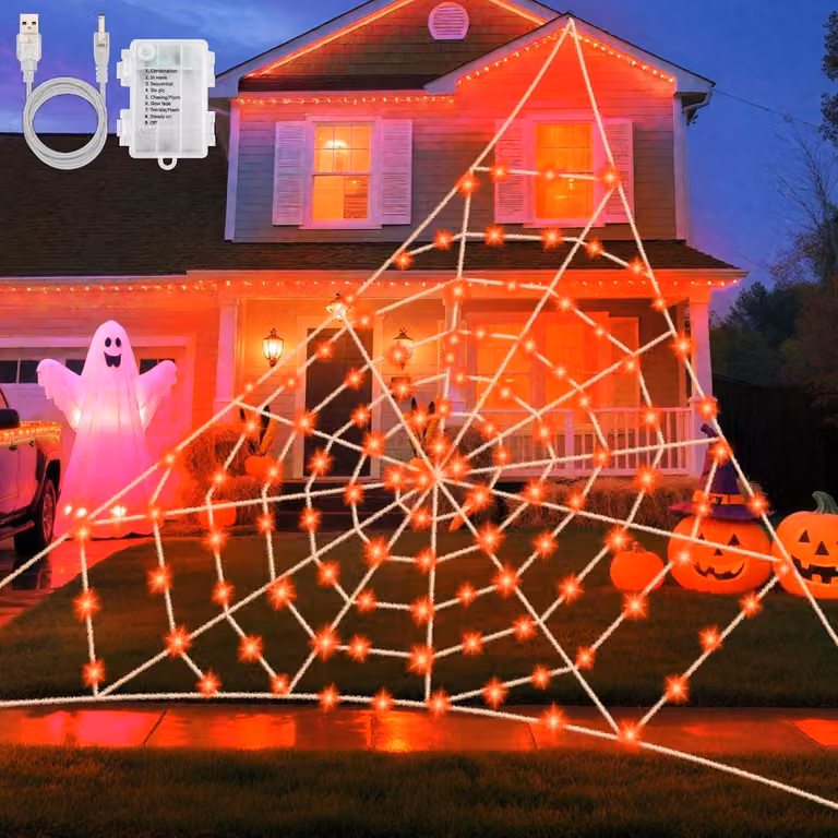 Catena luminosa a forma di ragnatela, 5x5 metri, 120 LED arancioni, alimentazione USB/batterie, timer, 8 modalità