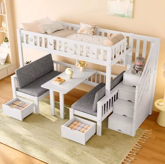 Letto a soppalco ULEVR 90x200 cm con letto inferiore trasformabile e scrivania pieghevole, bianco