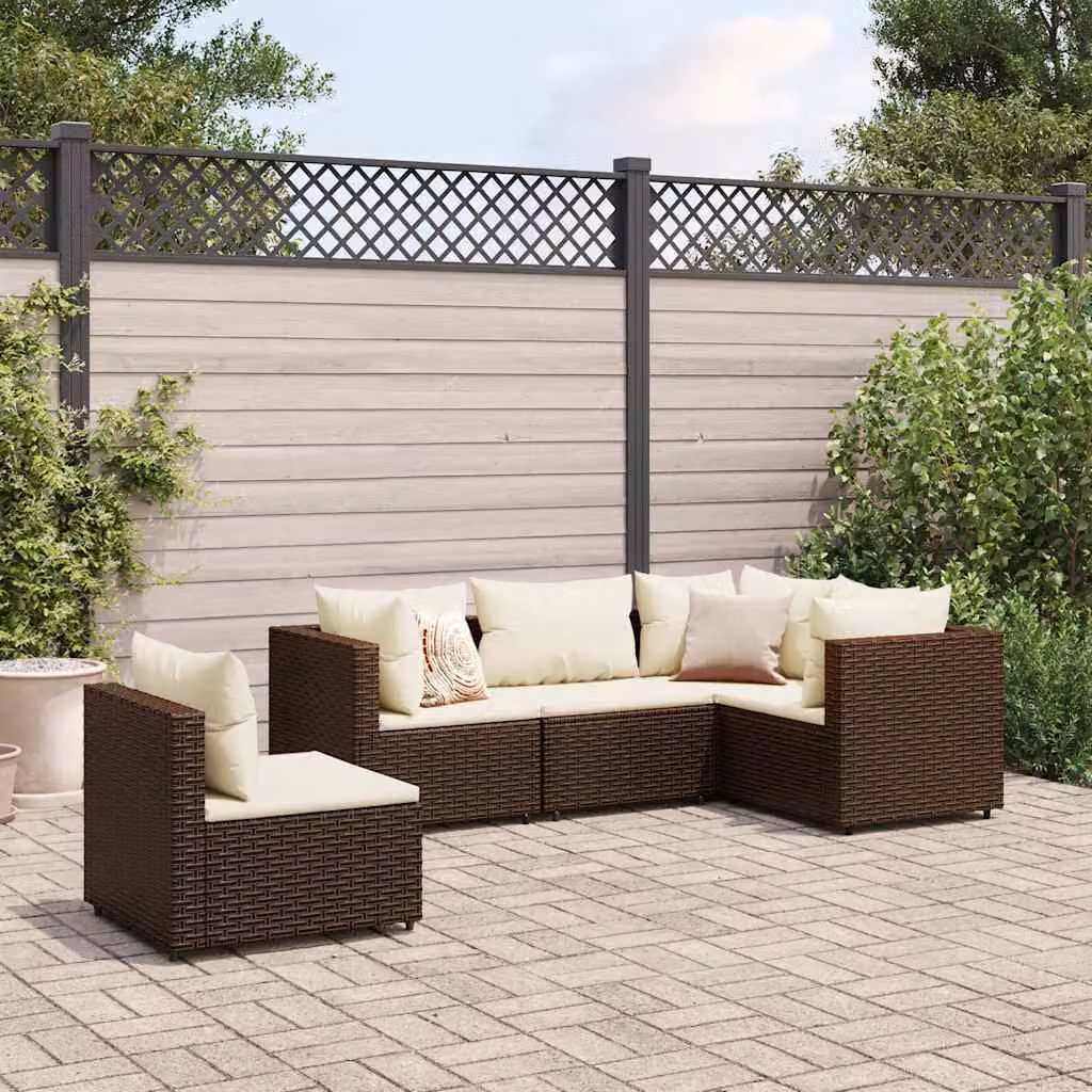 vidaXL Set Divani da Giardino 5 pz a Forma a L con Cuscini Marrone e Bianco in Polyrattan e Metallo – 1