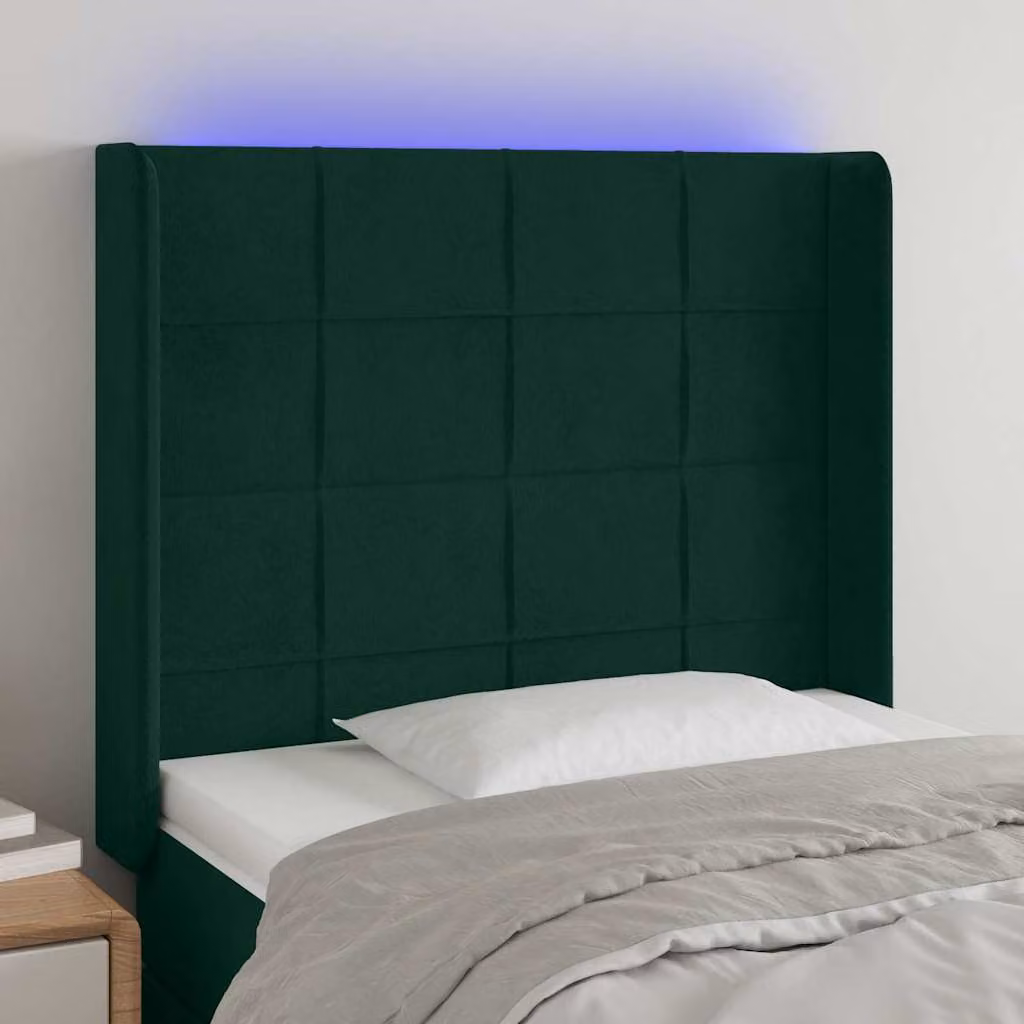 Testiera per letto vidaXL in velluto verde scuro con illuminazione LED e porta di ricarica USB, L: 83 cm, P: 16 cm, H: 118-128 cm