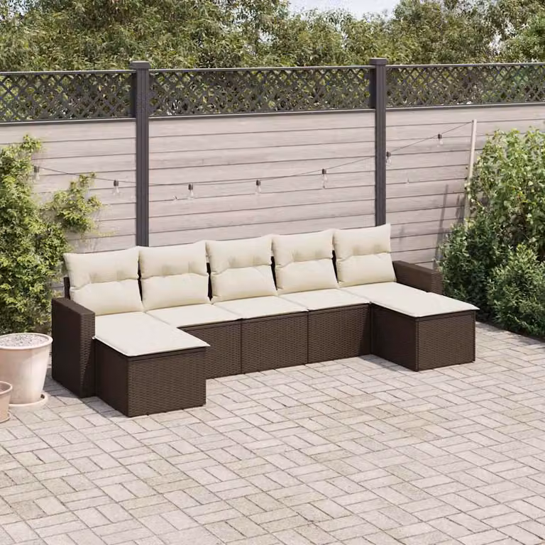 Set di divani da giardino vidaXL 7 pz in polyrattan marrone con cuscini bianchi e struttura in metallo a forma di L