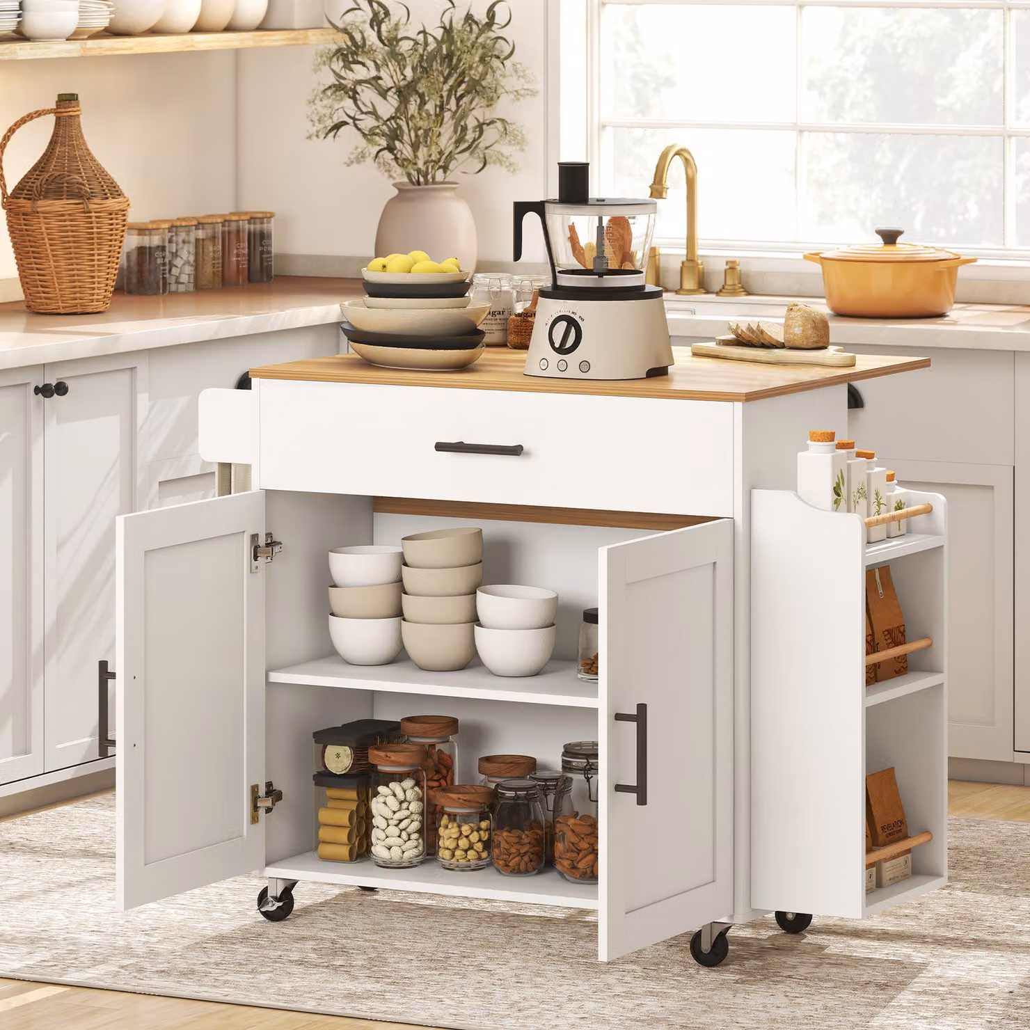 Isola da cucina HOMCOM con ruote, piano ribaltabile, cassetto e ripiano, Bianco, L 120 x P 68 x H 85 cm – 2