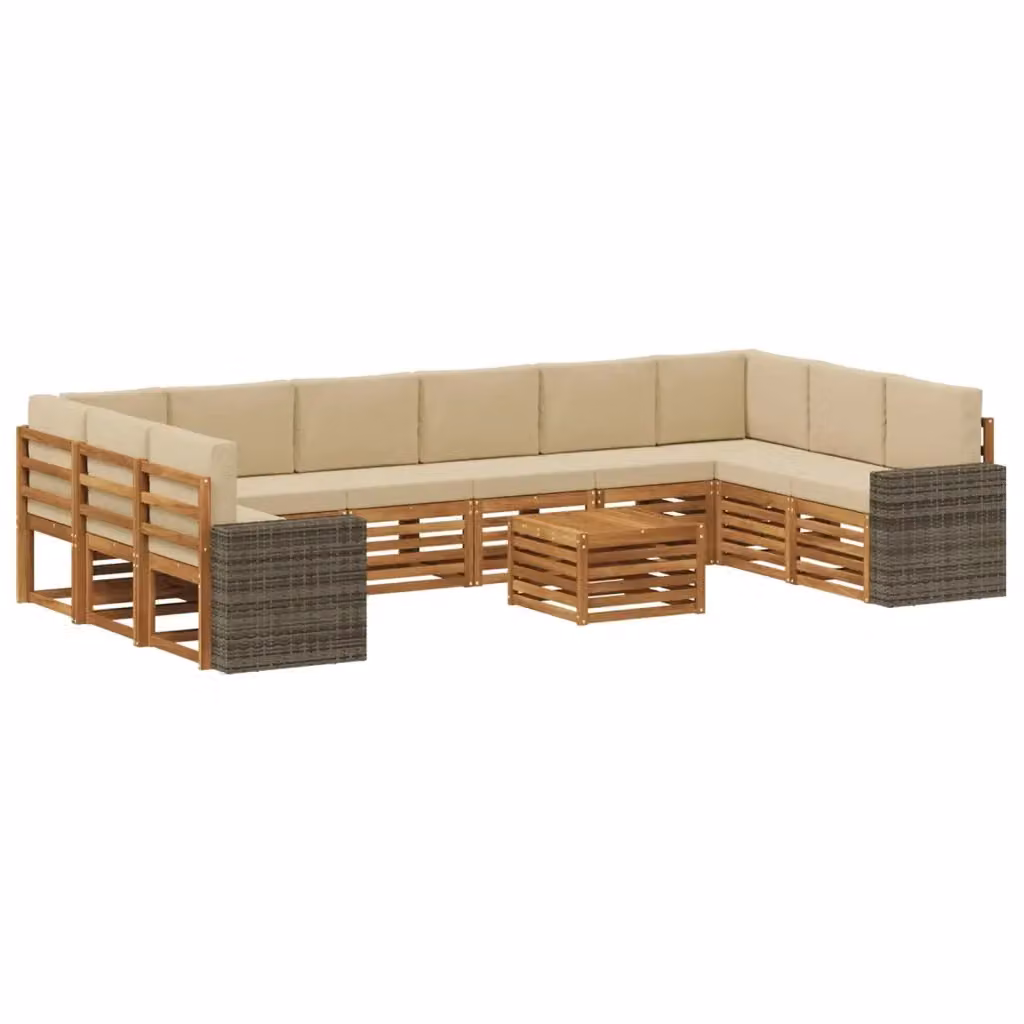 Set di divani da esterno vidaXL in legno di acacia con cuscini beige e marrone, composizione a L con tavolo da caffè, 11 pezzi – 2