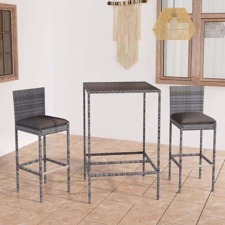 The Living Store Set bar da giardino 3 pezzi con cuscini in poly rattan grigio