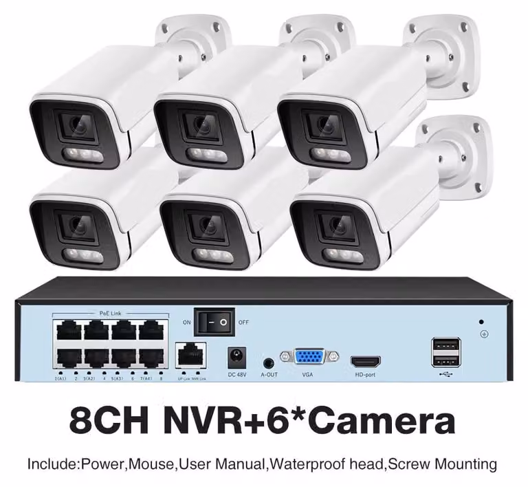 Sistema di videosorveglianza con 6 telecamere, videoregistratore NVR a 8 canali, visione notturna e rilevamento del movimento tramite intelligenza artificiale