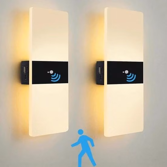 Set di 2 Luci a Parete LED Ricaricabili con Sensore di Movimento e Luce Magnetica, Colore Nero, Design Moderno con Illuminazione Up and Down per Scale e Corridoi