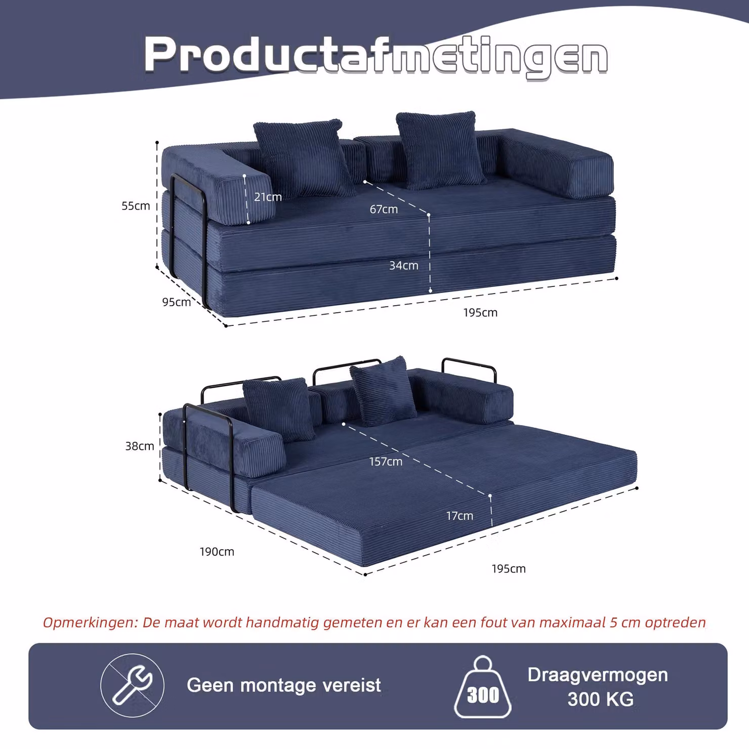 Divano letto pieghevole 2 in 1 - Divano da terra - Tessuto in chenille - Stile moderno - Struttura in metallo - Blu scuro