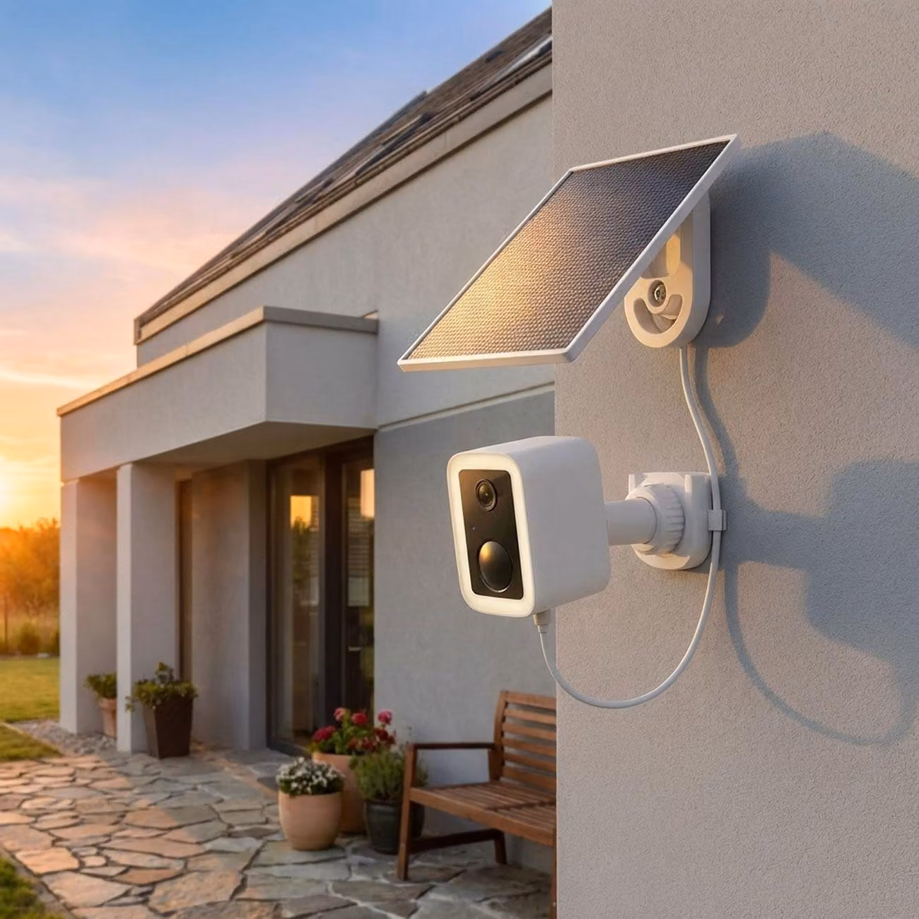 Telecamera di sorveglianza da esterno Wi-Fi a energia solare da 3 MP, telecamera wireless autonoma IP66 con faro, controllo tramite app, sensore PIR e citofono, colore bianco