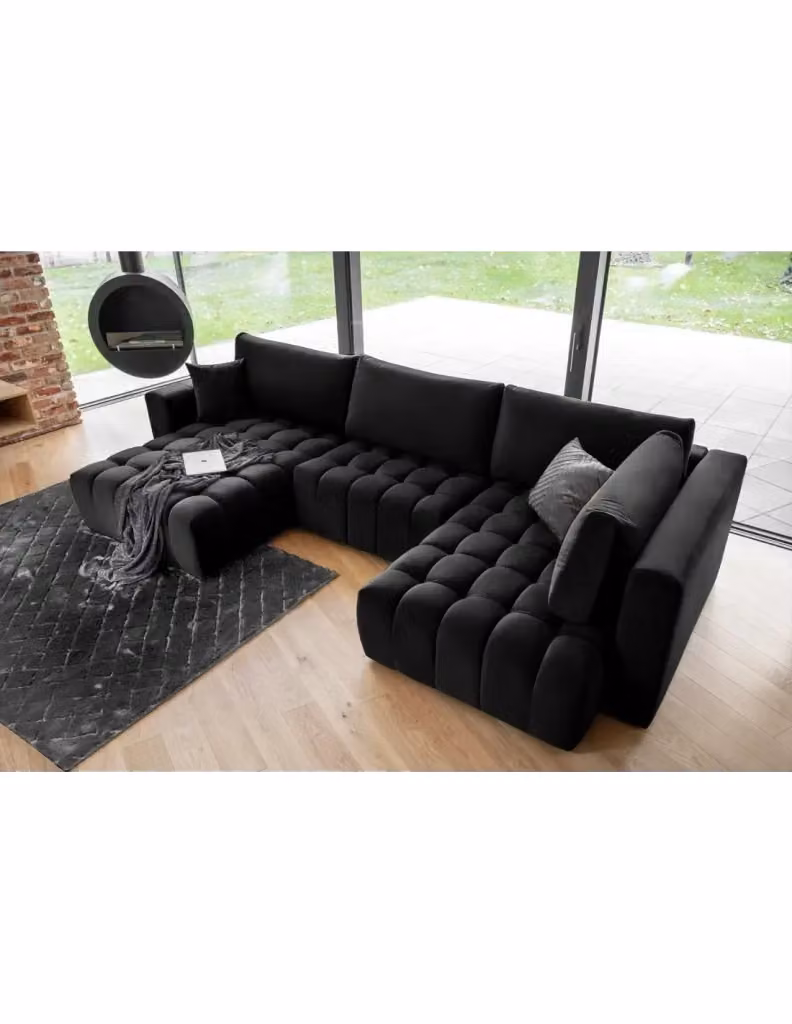 Divano ad angolo BONITA MEUBLORAMA nero effetto velluto, modello convertibile a 6 posti con funzione letto e orientamento a sinistra, L/P/H: 350 x 175 x 92 cm – 2