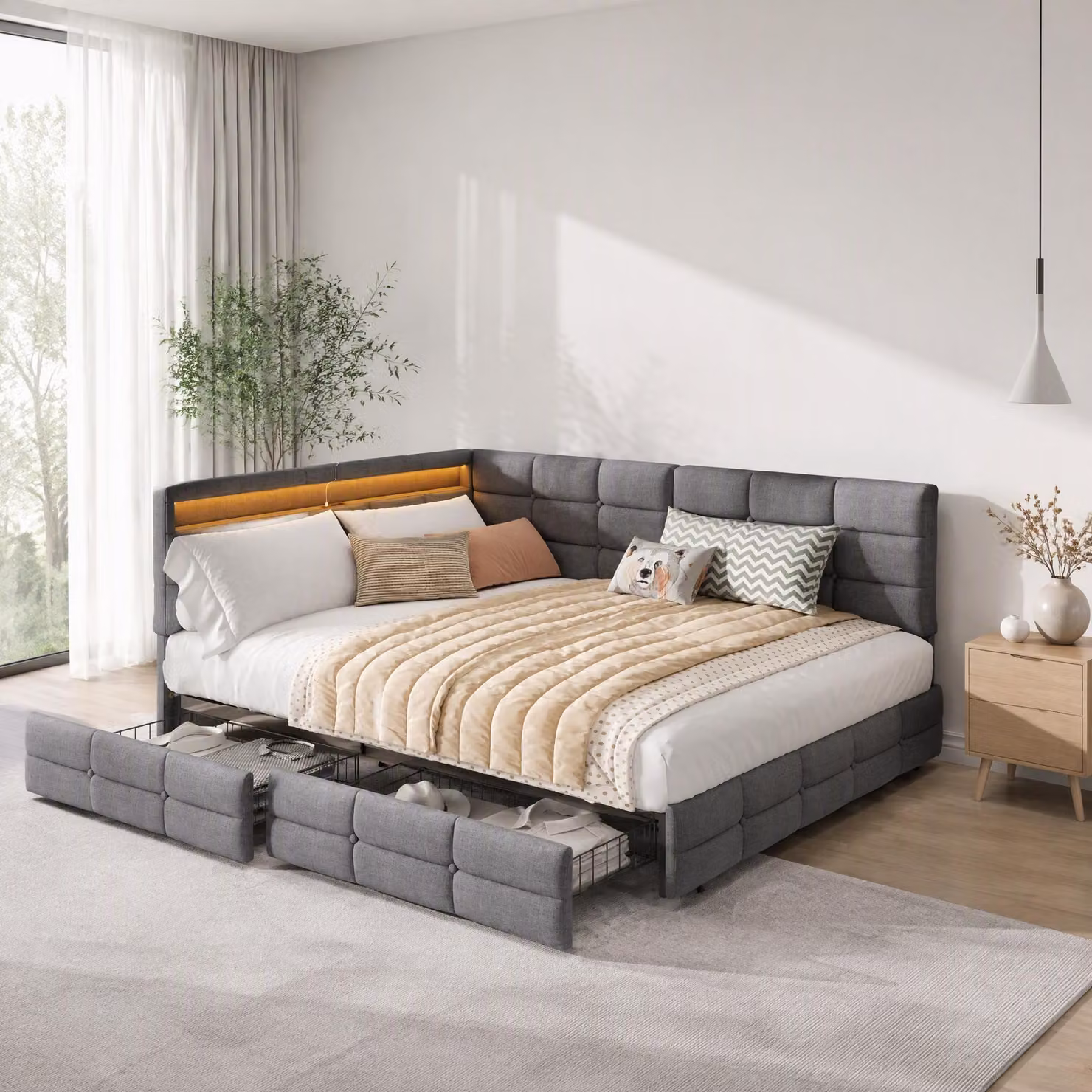 Letto imbottito trasformabile in divano, dimensioni 140x190 cm, con illuminazione LED, prese USB di tipo C e prese USB, letto per ragazzi con 2 cassetti e rete a doghe, tessuto in lino, colore grigio