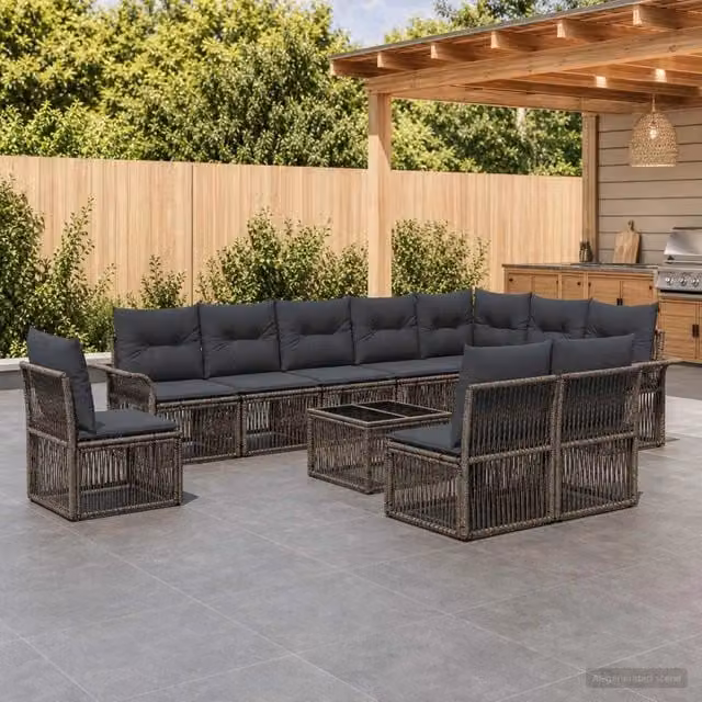 Set Divano da Giardino vidaXL a forma a U in Polyrattan Grigio con 11 Pezzi e Tavolino