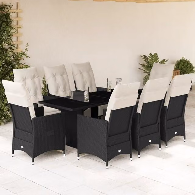 Set da pranzo da giardino vidaXL in polyrattan nero e bianco con tavolo in vetro e 9 pezzi – 1