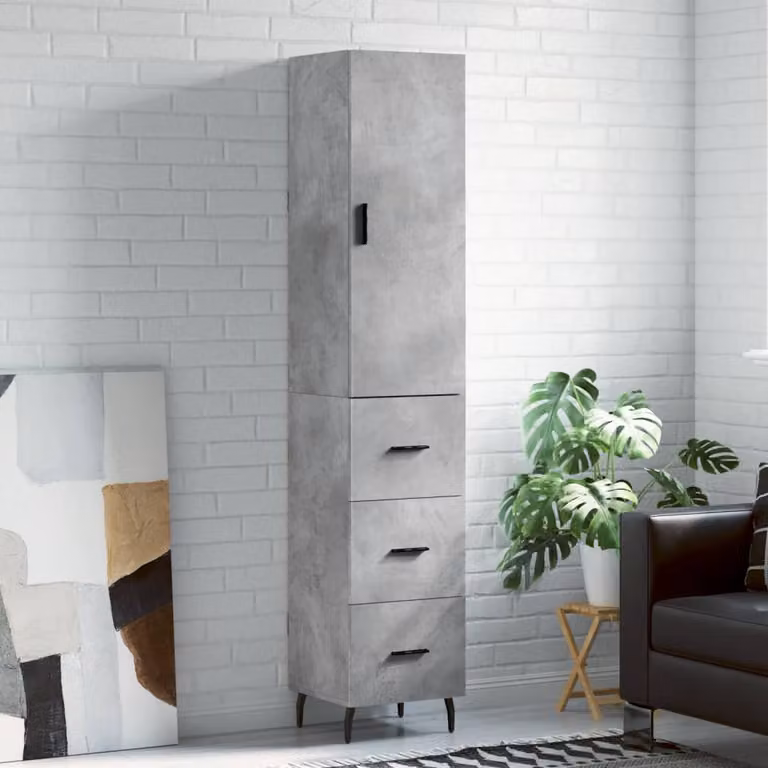 Credenza moderna vidaXL in legno multistrato e metallo, Grigio Cemento, L 34,5 cm x P 34 cm x H 180 cm