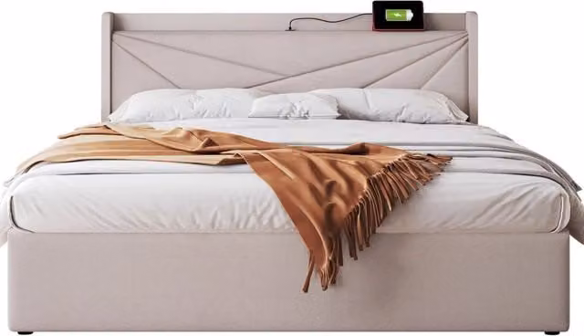 Letto contenitore matrimoniale beige con testiera imbottita e porte USB e Tipo C, L 180 x P 200 cm – 1