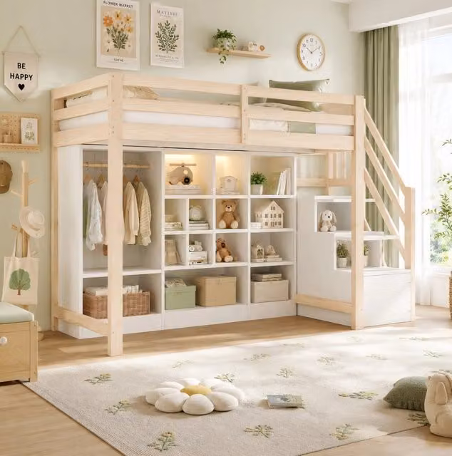 Letto a soppalco 90x200 cm con LED; armadio e ripiani integrati; legno naturale e bianco