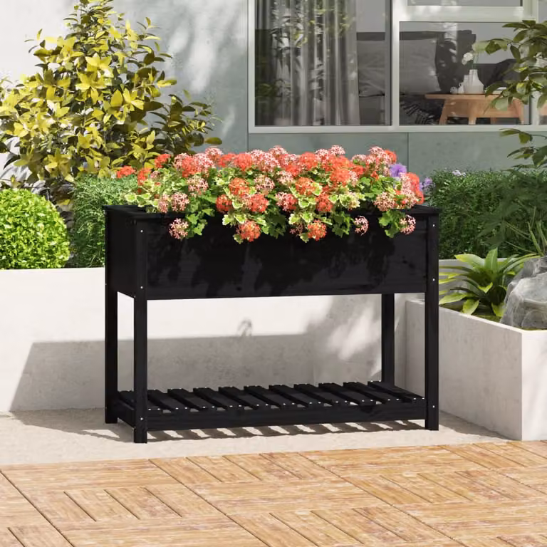Fioriera rialzata con mensola vidaXL in legno di pino massello, colore nero, L: 111,5 cm, P: 54 cm, H: 81 cm