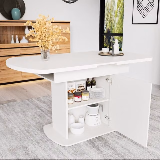 Tavolo da pranzo ovale allungabile REDOM in bianco e oro con inserto e vani portaoggetti