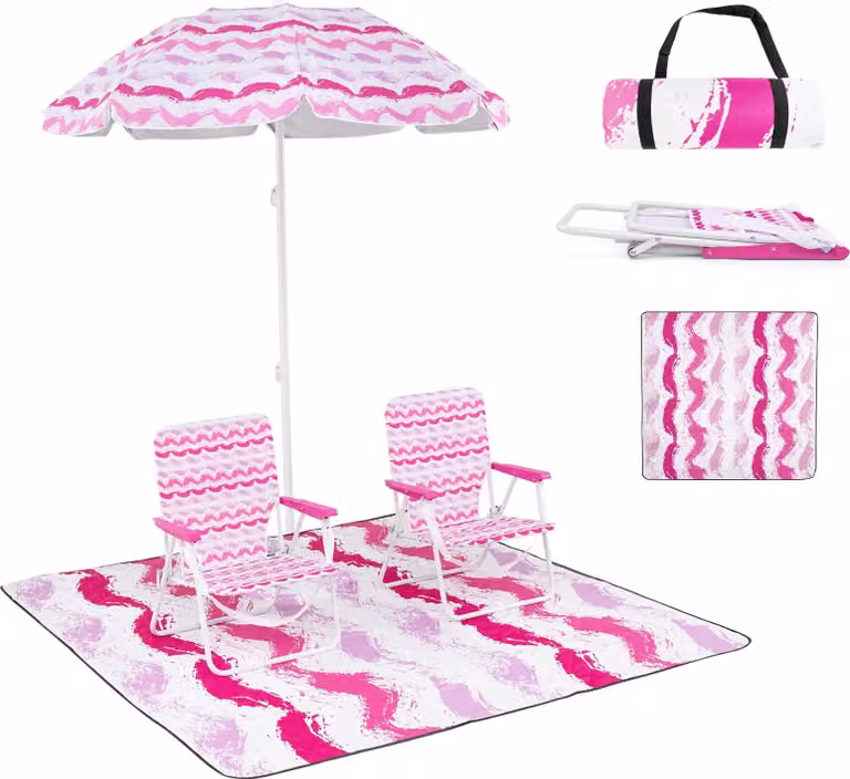 Set KOMFOTTEU composto da 4 mobili da spiaggia, 2 cuscini, 1 tappeto, 1 ombrellone da 175 cm, sedia pieghevole, portata 150 kg, ombrellone inclinabile, regolabile a 30°, con borsa per riporlo, telo da spiaggia (rosso)