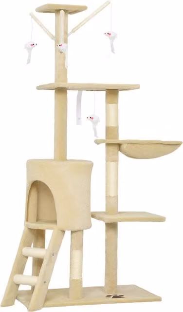 Torre per gatti PawHut con casetta, trespoli, piattaforme e giocattoli integrati, Beige, H 134 x L 60 x P 35 cm – 1