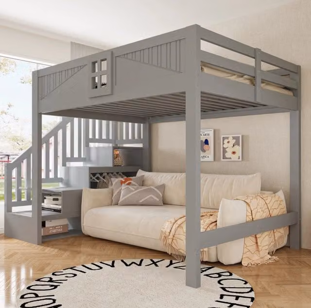 Hochbett 140x200 cm con scala reversibile e vani portaoggetti laterali; grigio
