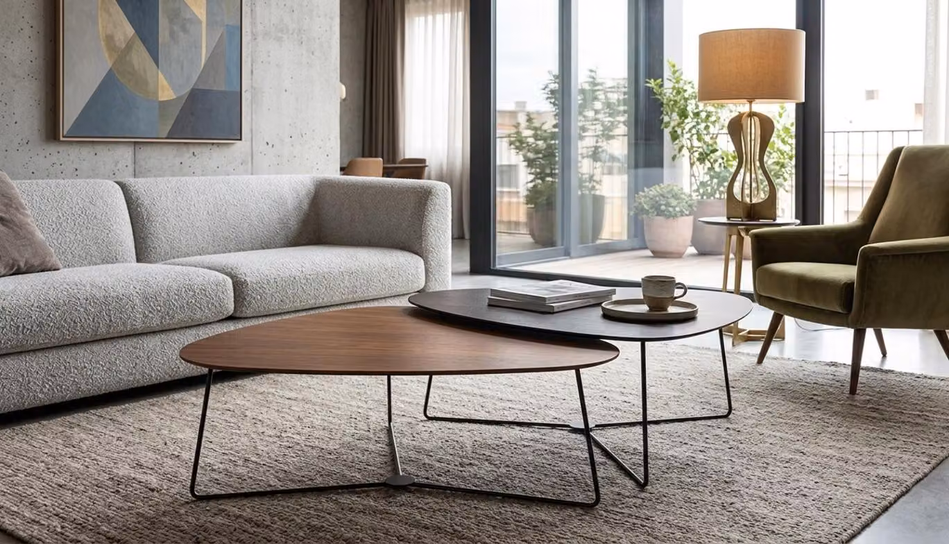 Tavolino da caffè marrone con tavolino laterale nero, set da 2, design moderno