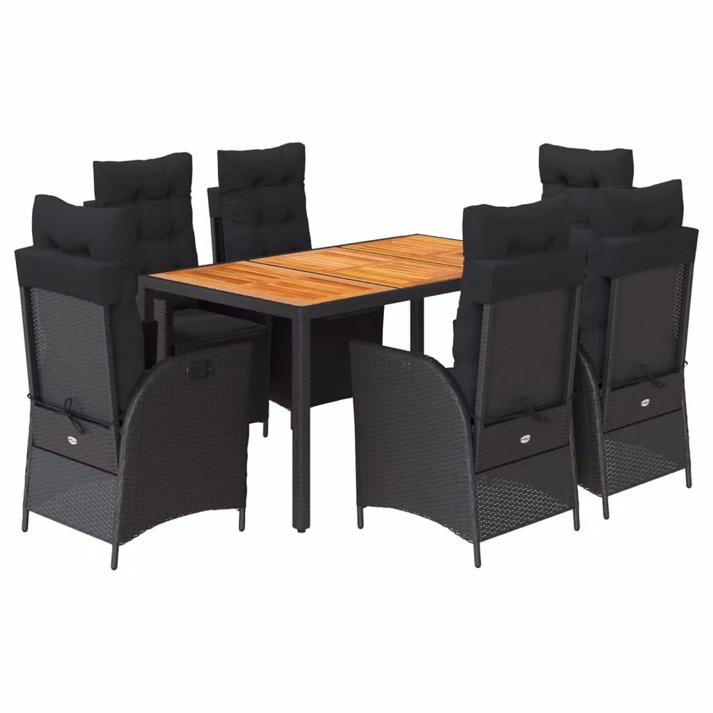 Set da Pranzo da Giardino 7 pz Nero con Cuscini in Polyrattan