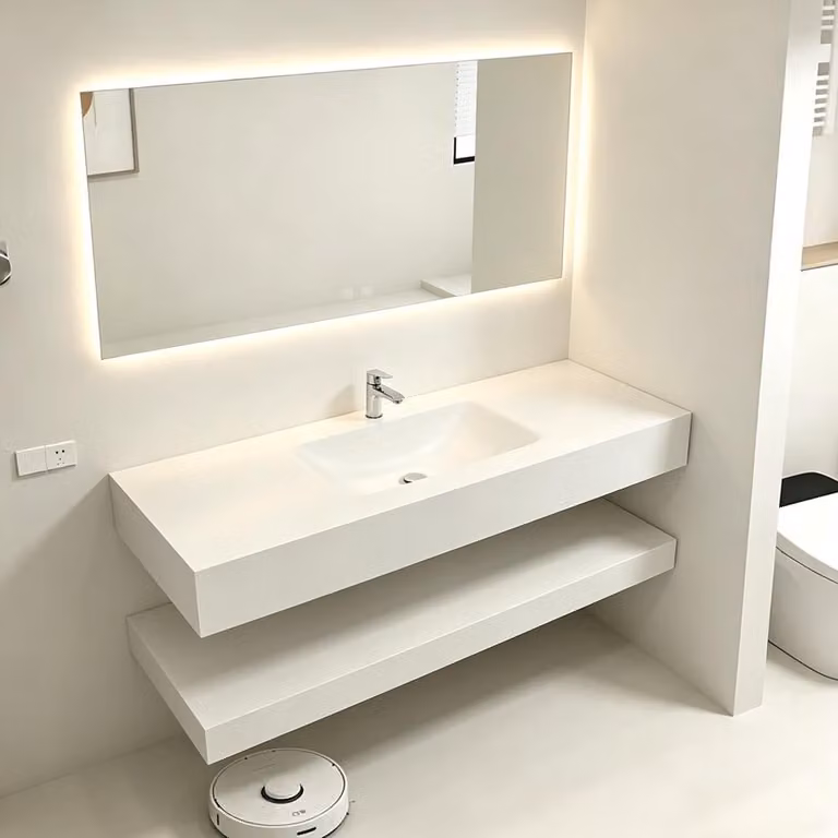 Lavabo con specchio a LED in pietra sinterizzata con ripiano, beige, 120 x 55 cm 【RWCB303-120】