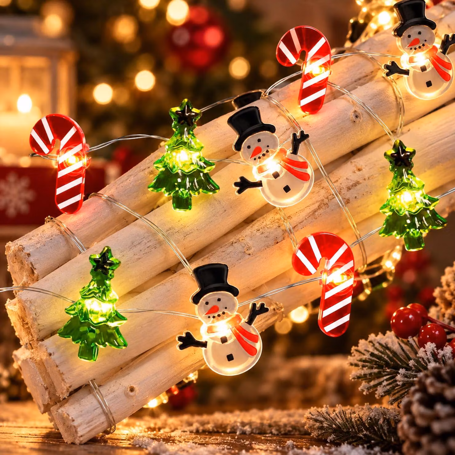 Catena luminosa con timer, 2 metri, 20 LED, con motivi natalizi