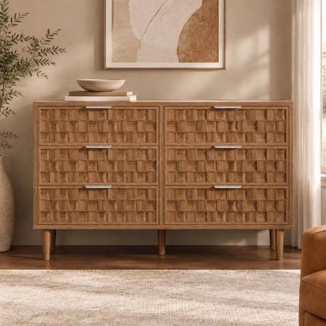 Sideboard 120x37x77 cm in MDF con finitura rovere, 6 cassetti, maniglie metalliche, design Mid-Century in stile retrò