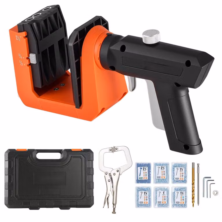 Maschera di foratura per tasche - Set di guide per la foratura - Spessore del materiale: 12,7–38,1 mm - Maniglia rotante a 360° - Include 260 viti, morsetto a C, trapano e bussola di arresto - Facile da fissare e regolare